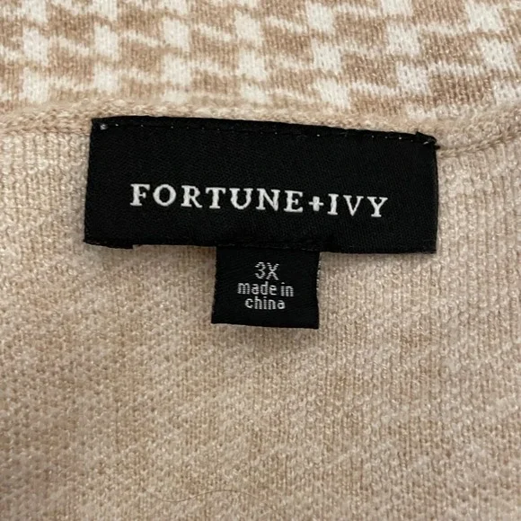 FORTUNE IVY Houndstooth Knit Open Front Cardigan Jacket Blazer 3X Beige - Picture 6 of 8